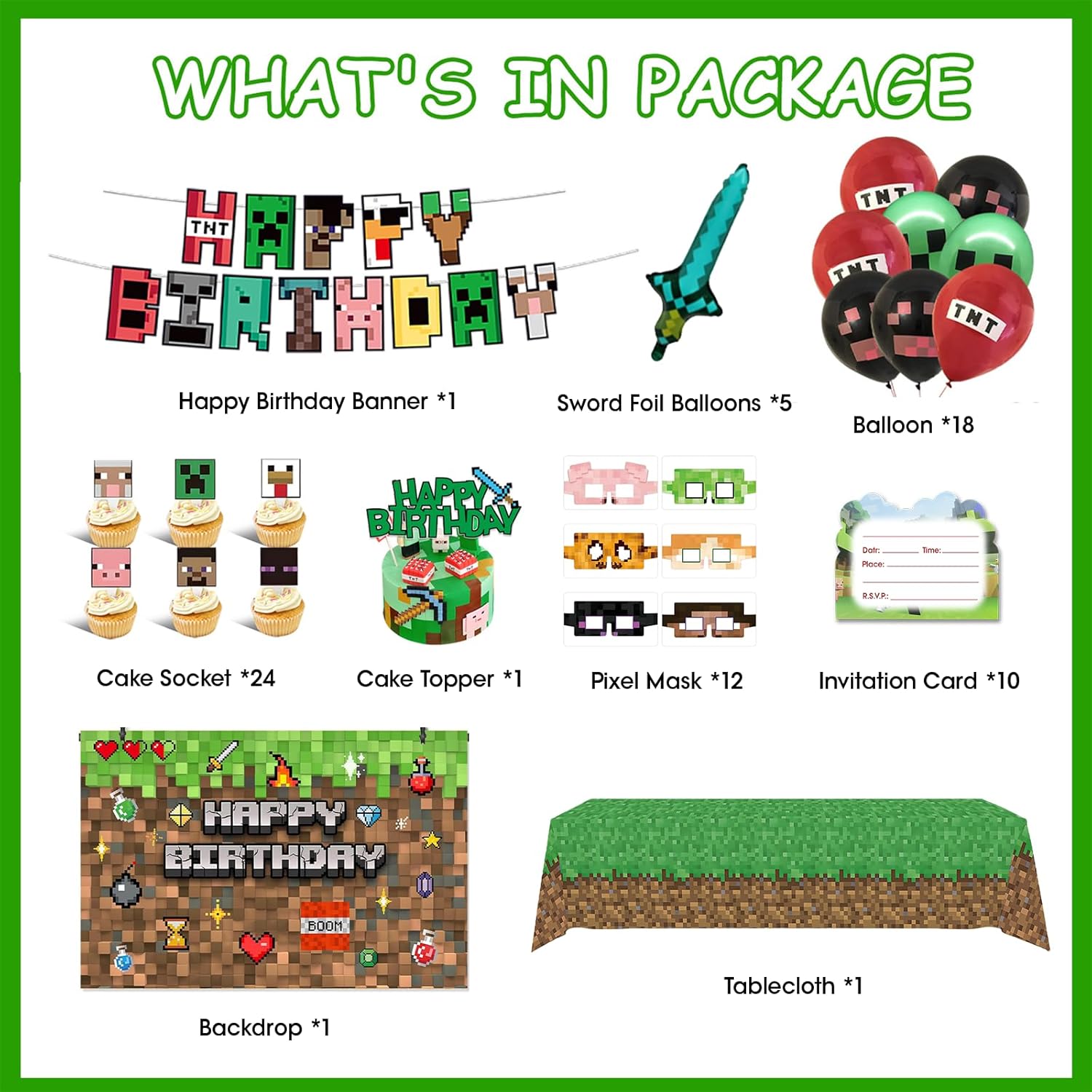 73Pcs Pixel Game Birthday Party Decorations for Boys, Pixel party supplies Kit, Gaming-Themed Birthday supplies Set including Banner, Tablecloth, Sword Foil Balloons, Cupcake Toppers.