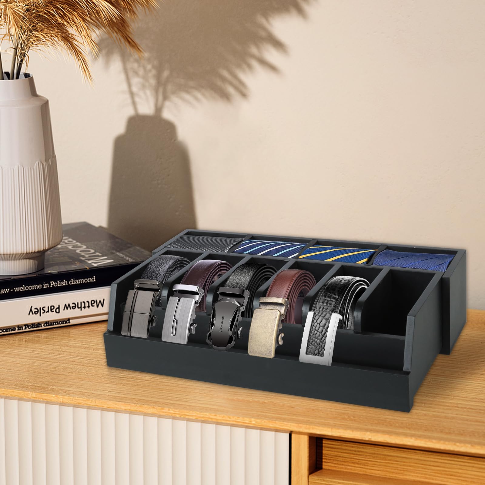 Niciksty Wood Belt Organizer, 6 Grids Belt Rack with 4 Grids Tie Rack - Image 2