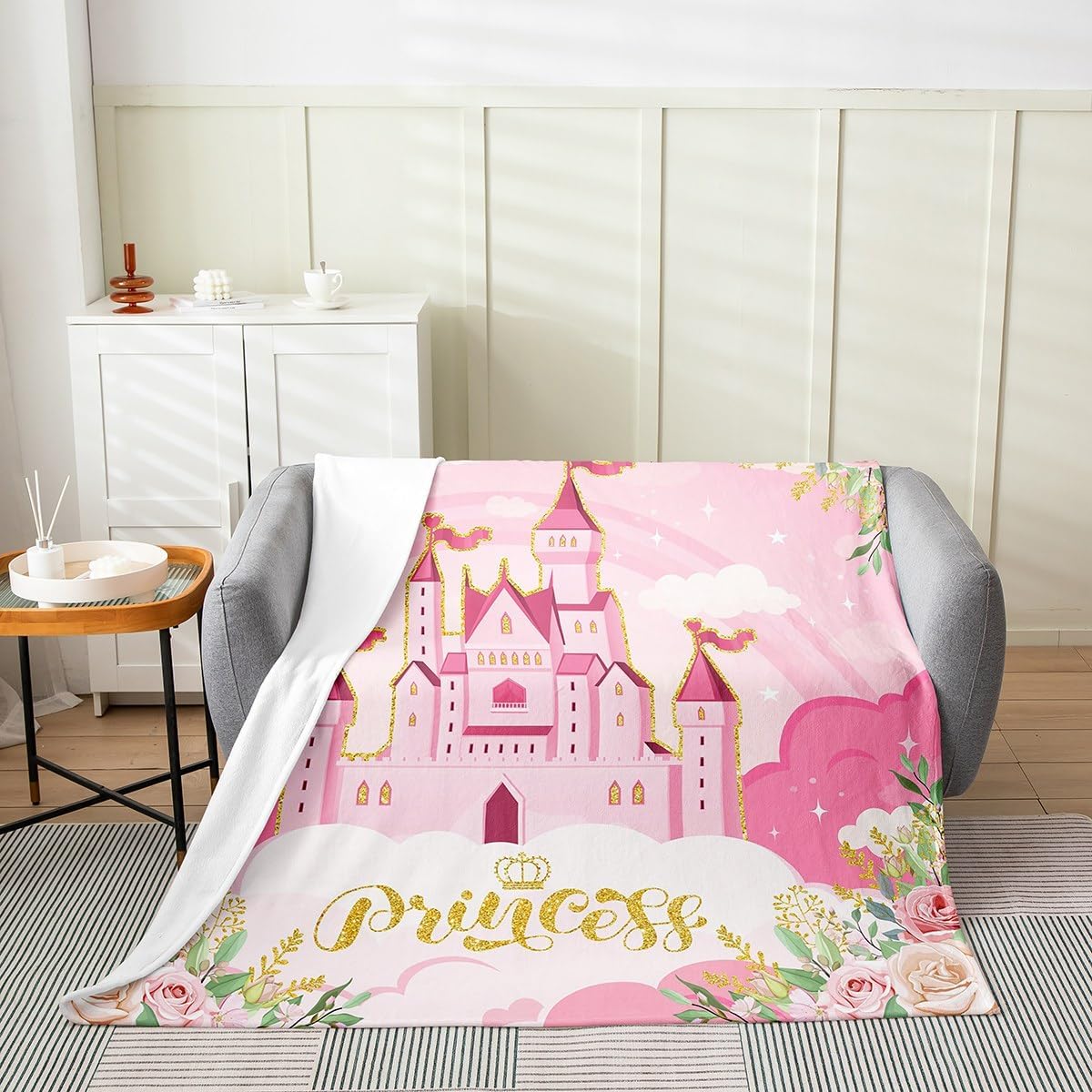 Princess Theme Fleece Throw Blanket,Pink Castle Dreamy Flannel Fuzzy Blanket for Bed Sofa Couch All Season,Flowers Garden Fairy Tale Bed Blanket Breathable Blanket Room Decor 40"x50"