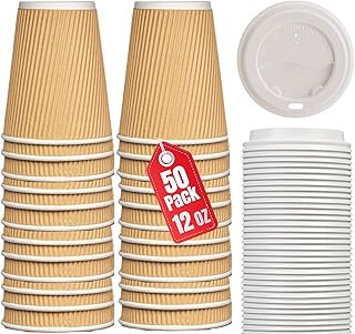 1InTheHome 12 oz Coffee Cups With Lids Disposable Insulated Ripple Wall Paper Coffee Hot Cups (50 Cup & 50 Lids))