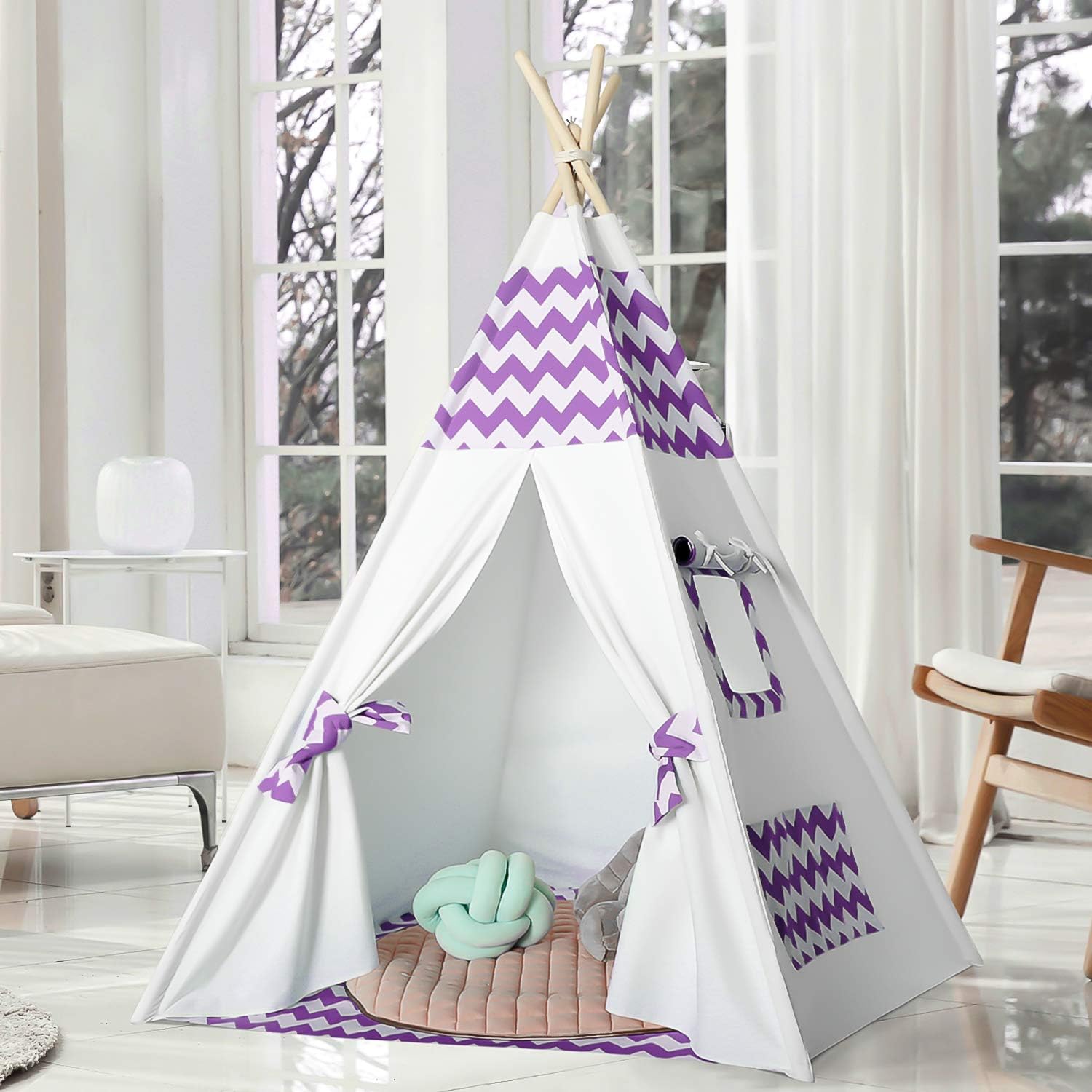 Kids Teepee Play Tent Indoor Outdoor Teepee Tent for Kids Indian White Canvas Teepee Childrens Teepee Tents for Girls Boys Kids Teepee, Purple Chevron Tee Pee Stripe