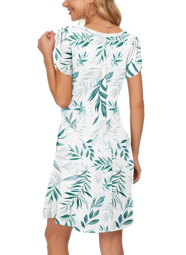 MOLERANI Summer Dresses for Women 2025 Casual T Shirt Crewneck Petal Sleeve Swing Vacation Dress with Pockets,White Green Leaf,L by MOLERANI - Used condition - Image 4