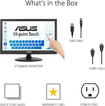ASUS 15.6 1080P Touch Monitor (VT169HE) - Full HD, 10-Point Touchscreen, IPS, Wide Viewing Angle, Frameless, Eye Care, Flicker Free, Low Blue Light, HDMI, Windows 11 Compliance, VESA Mountable