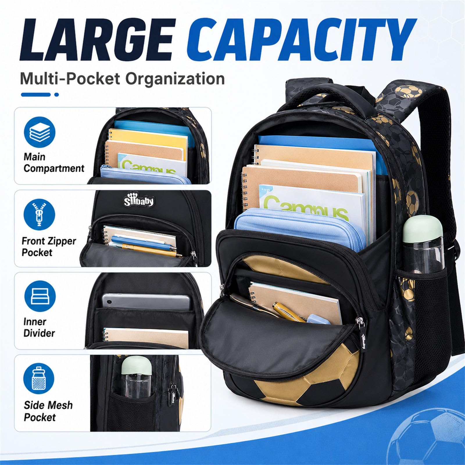 Morbuy Sac a Dos Enfant Ado 2 Pièces Motif Football (Blanc) | Cartable + Sac Isotherme, Eclair Sac Ecole Grande avec Rembourré et Fermeture pour Adolescent 10-16 Ans