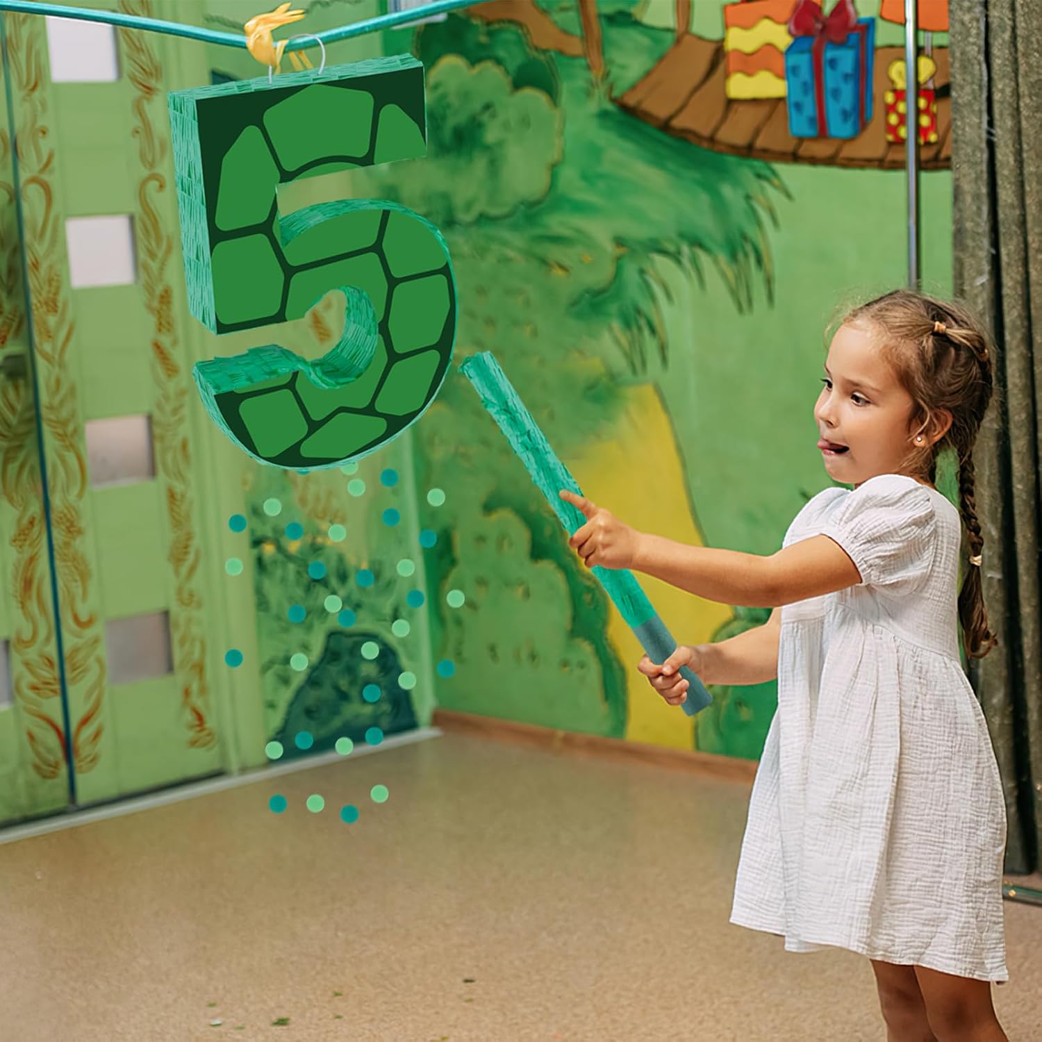 16 Inch Turtle Number 5 Pinata, Turtle Birthday Decorations, Turtle Theme Pinata with 16 Inch Stick Blindfold Confetti for Boy Girl Kids 5th Birthday Party Supplies(5th)