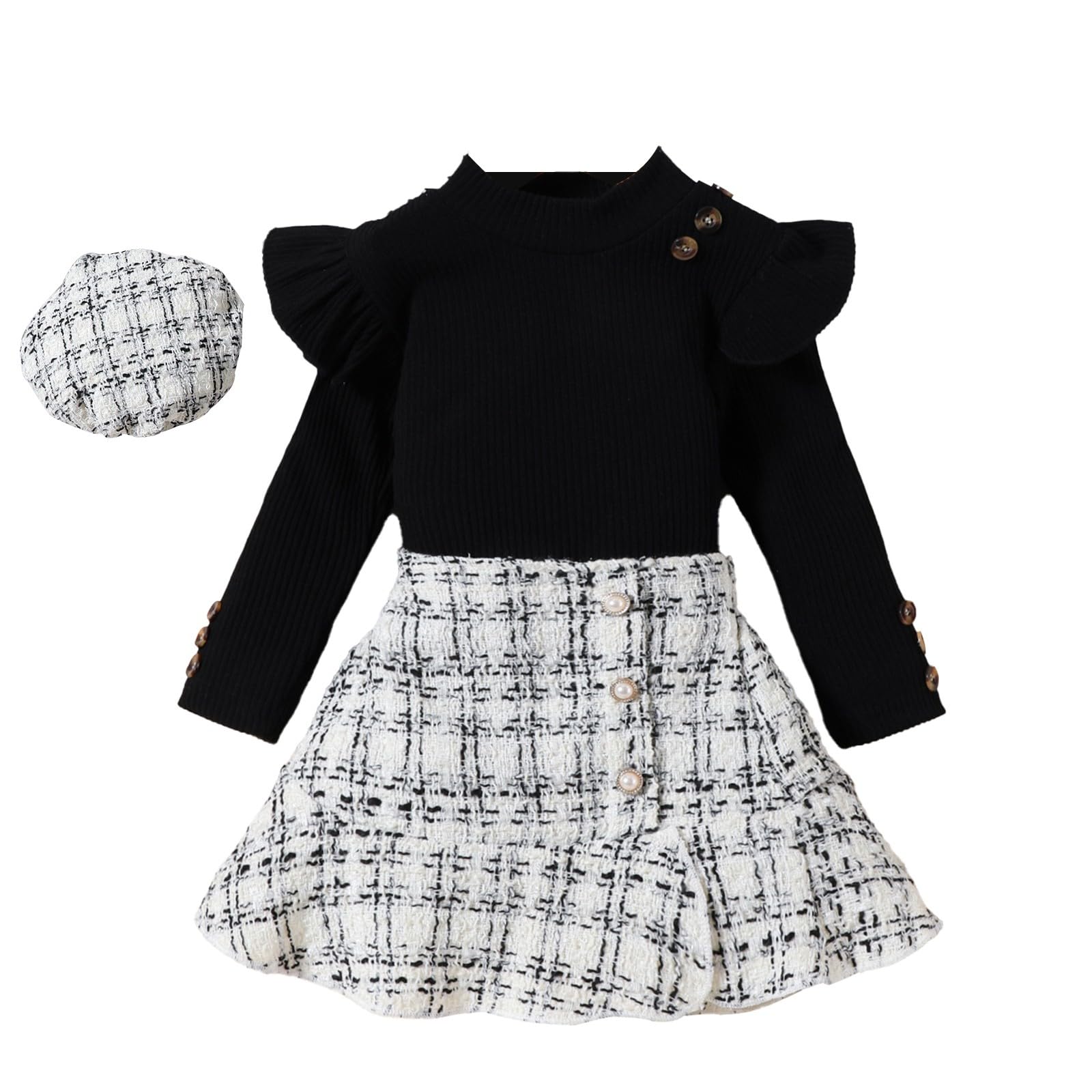 Toddler Baby Girls Skirt Outfits Spring Cute Ruffle Long Sleeve Knitted Plaid Skirt Tops Hat Kids (Black, 12-18 Months)