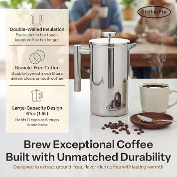 SterlingPro Large Insulated Stainless Steel French Press Coffee Maker 1.5L – Insulated Metal Big Double Wall Coffee Maker | Plastic Free | Cool-Touch | Mirror Finish | Makes up to 11 Cups / 6 Mugs