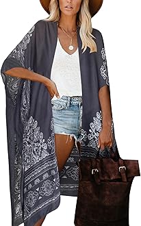Moss RoseWomen's Beach Cover up Swimsuit Kimono with Bohemian Floral Print, Loose Casual Resort Wear