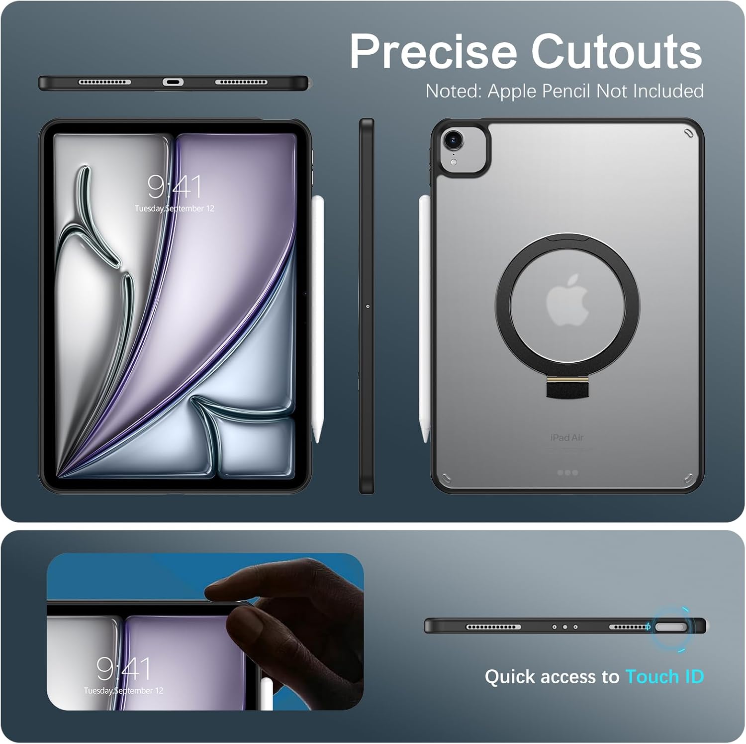 BENTOBEN for iPad Air 11 Inch Case M2 2024, iPad Air 6th Gen Case with Invisible Foldable Kickstand & Pencil Holder,Slim Translucent Matte Shockproof Protective Tablet Cover for iPad Air 11", Black - Image 8