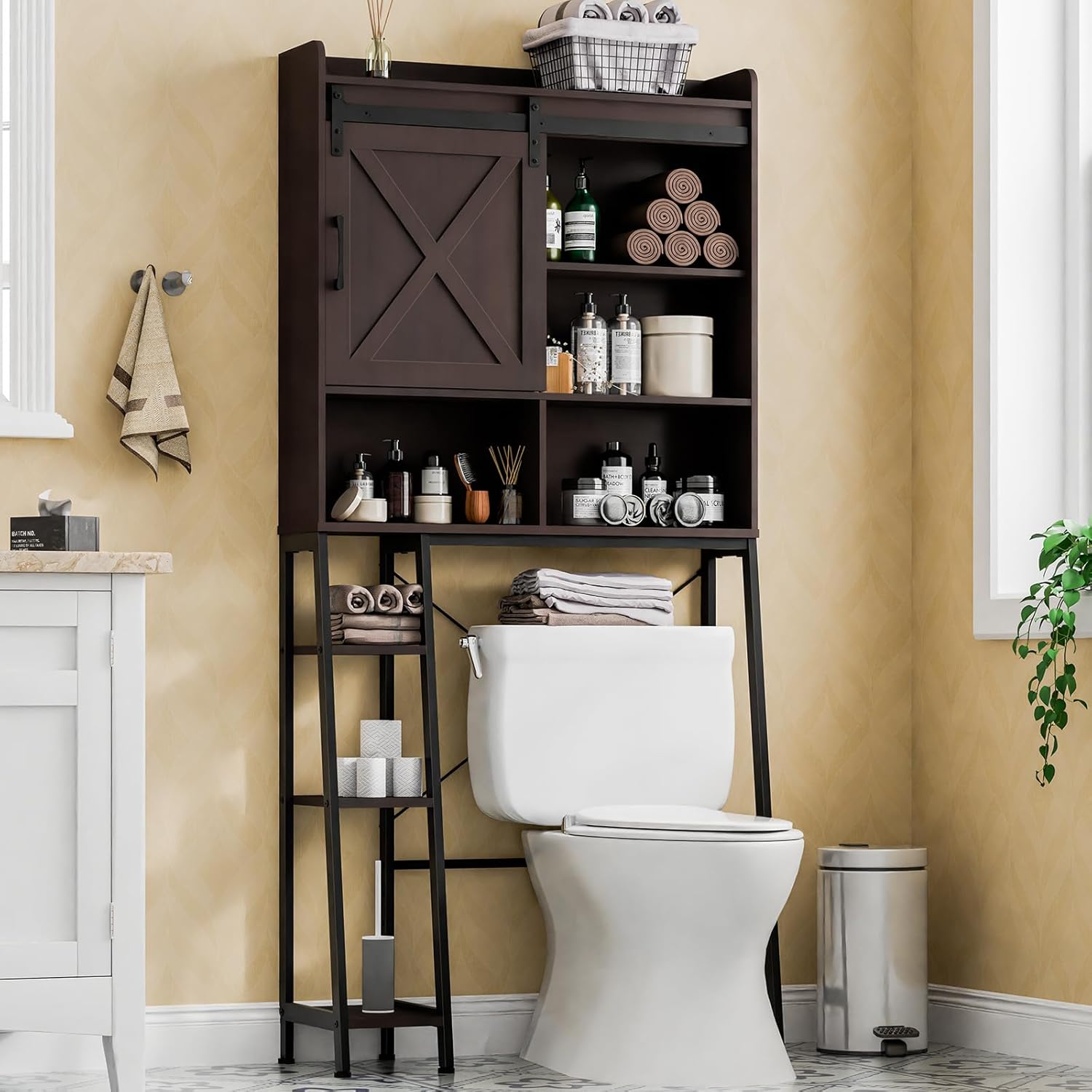 Over The Toilet Storage Cabinet, Farmhouse Storage Cabinet Over Toilet with Sliding Door & Toilet Paper Holder Stand，Home Space-Saving Toilet Rack, for Bathroom, Restroom, Laundry.Espresso