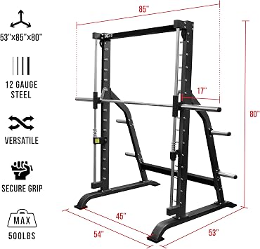 Valor Fitness Smith Machine Multi-Function Power Rack - 500lb Squat Rack or Bench Press Station - 2 Plate Storage Pegs- Attached Sliding Knurled Barbell - Home Gym