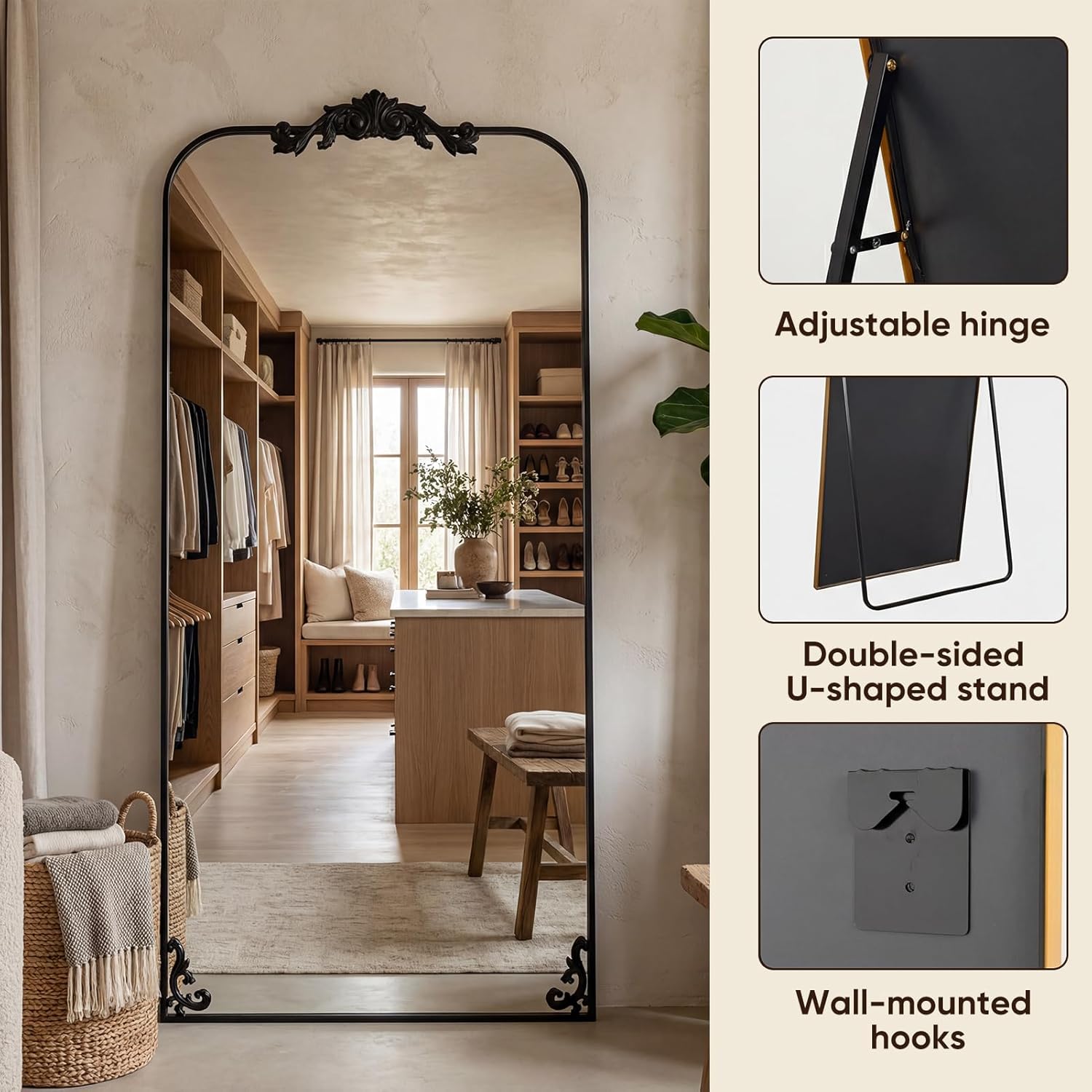 Antok Arched Full Length Mirror, 32"x71" Floor Mirror with Carved, Full Body Mirrors for HomeDecor, Standing/Halling Large Wall Mirror for Bedroom, Living Room, Cloakroom, Black, Luxury Style - Image 8