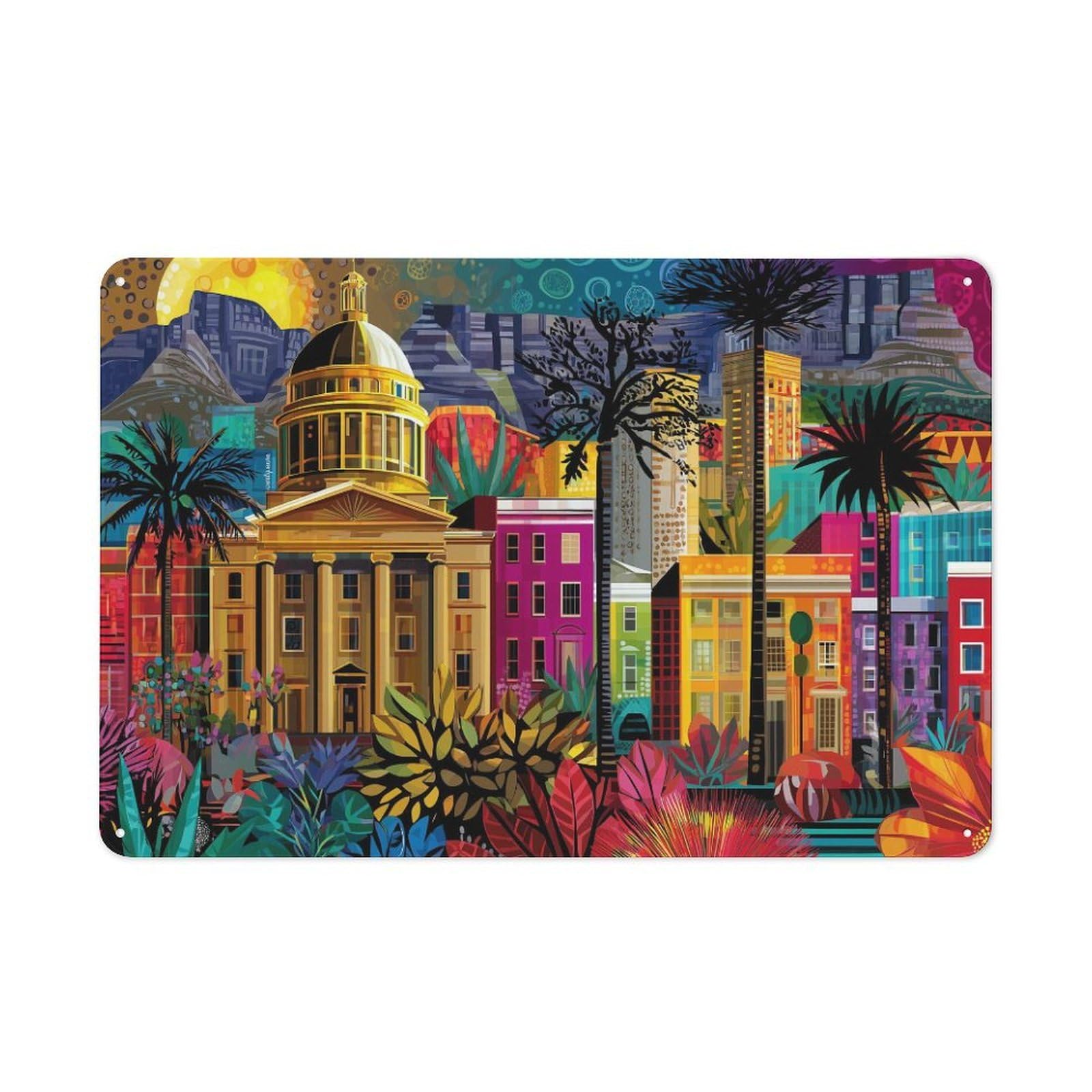 Junmoney Vibrant Cityscape With Historical Building Metal Plaque With Design 20X30cm, Vintage Bistro Wall Plaque For Coffee Bar, Kitchen, Bistro Or Tea Corner
