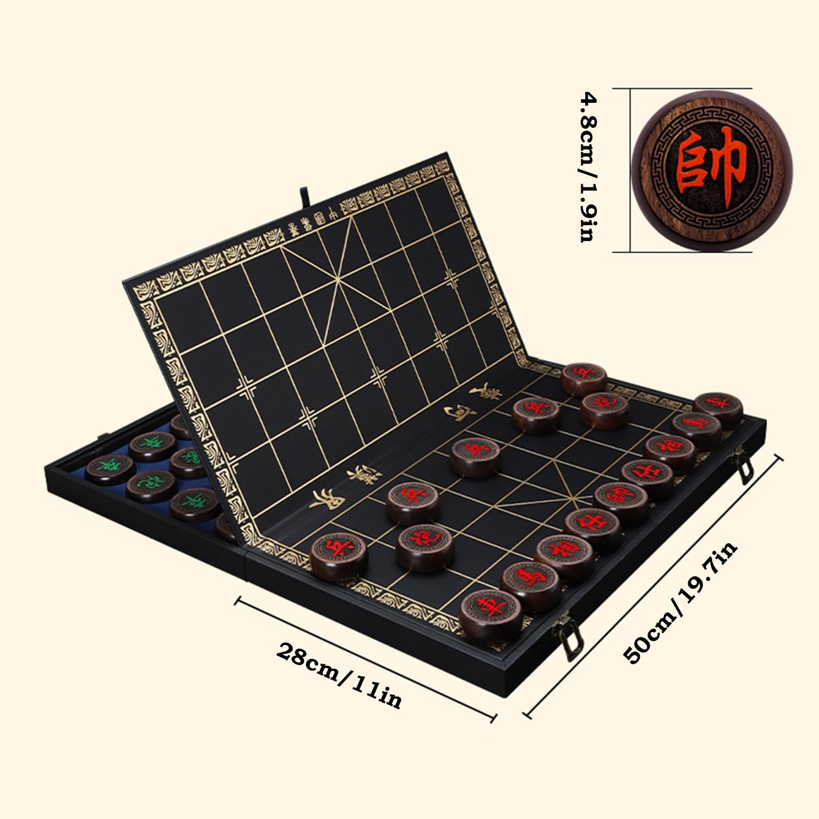 Ajedrez Chino portátil de ébano con Tablero Plegable. Juego de ajedrez Chino Xiangqi. Juego de Estrategia para Viajes. Juego de Mesa para 2 Jugadores (4,8 cm/1,9 Pulgadas).