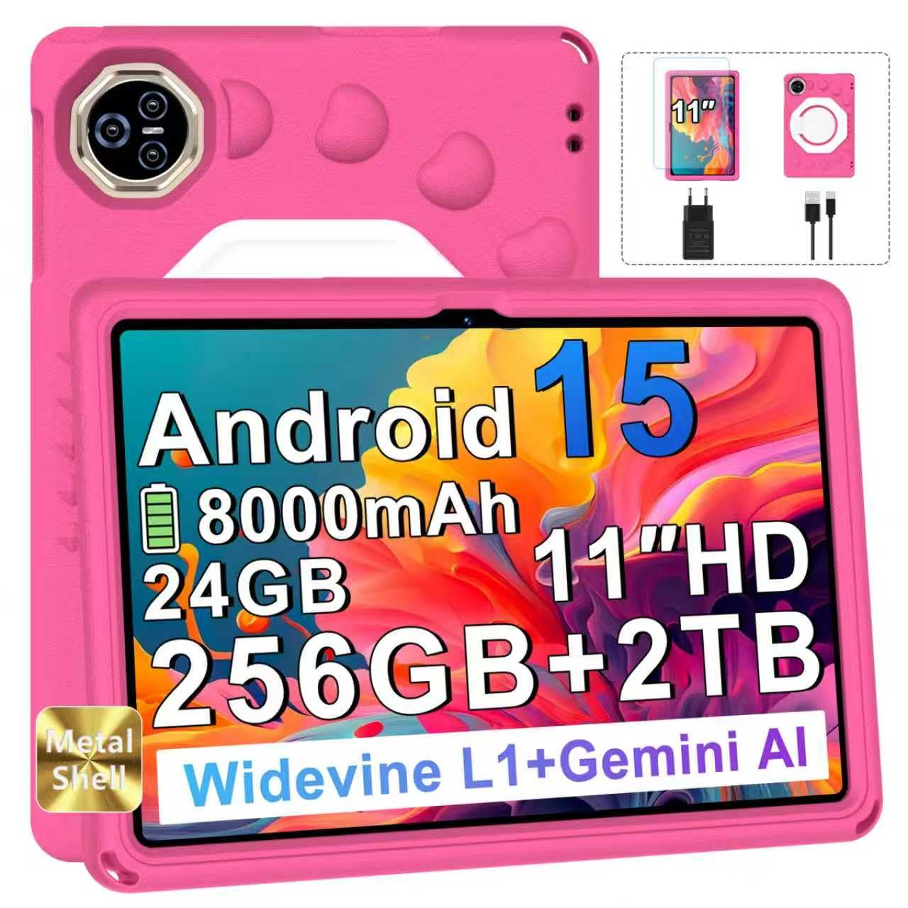 2026 Tablet Android 15 Con EVA Silicone Custodia Protettiva, 24GB+256GB/2TB, Bambini tablet 11 Pollici Octa-Core, Gemini AI/Widevine L1, 8000 mAh, 13MP+5MP, Corpo Metallo, Tableta Grande-Pallido Rosa