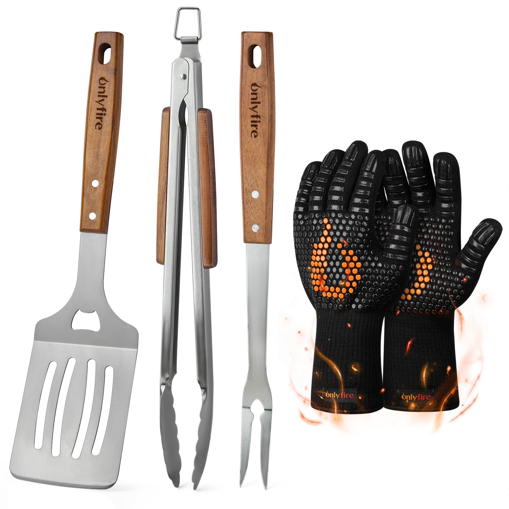 Onlyfire Set d'ustensiles de Barbecue 5 Pièces Acier Inoxydable Pince Spatule Fourchette Gants