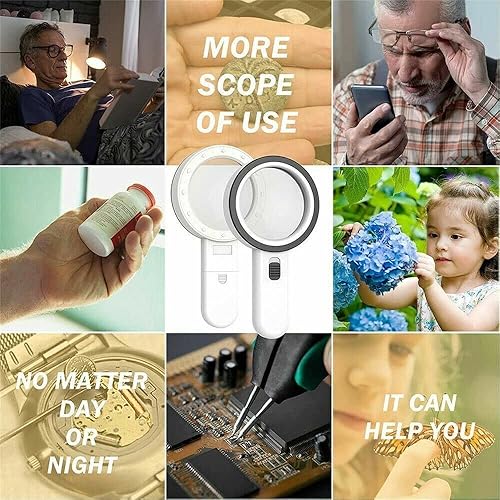 Miniatura 5 de Lupa de mano 30X con 12 luces LED, lupa iluminada con 12 luces LED para lectura de personas mayores de baja visión, degeneración macular, soldadura,