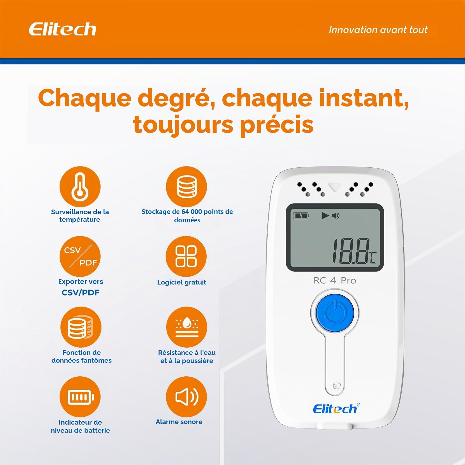 Elitech 5PCS Enregistreur de Température USB, Data Logger pour Réfrigérateur Médical, Stockage Vaccins, Surveillance Chaîne du Froid 64 000 Données, Exportation Auto PDF/CSV, RC-4