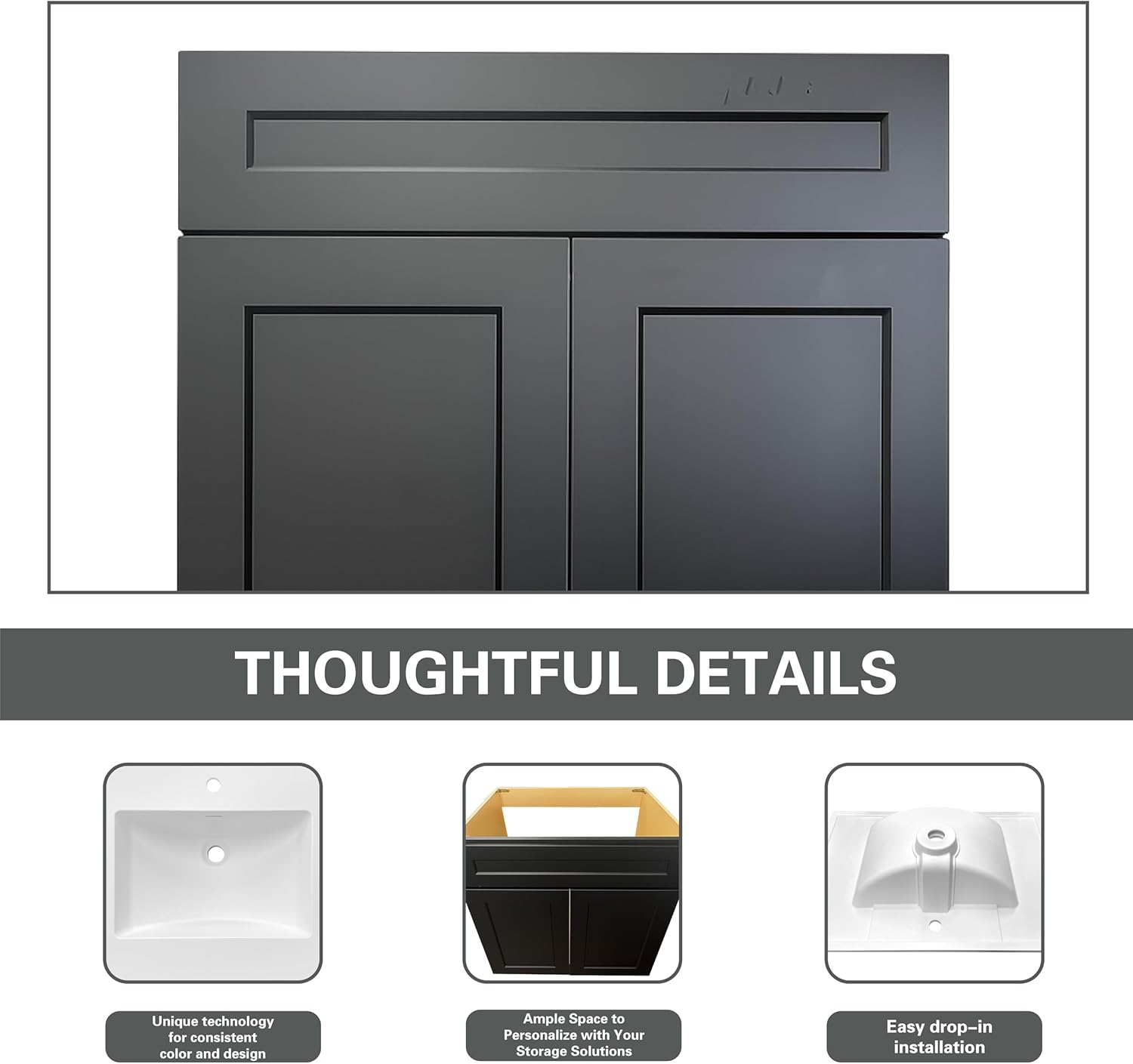 30" Black Shaker Bathroom Vanity with Sink – Solid Surface One-Piece Top, Soft-Close Doors, Polyurethane Nano Resin Sink, Pre-Drilled Faucet Hole, Modern Bath Vanity Cabinet Set