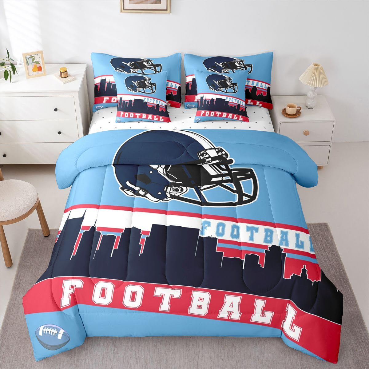 Erosebridal Football 7 Pcs Comforter Set King Football Fans Bedding for Boys Girls Football City Sheet Set Bed in A Bag Purple Rugby Competition Room Decor Sports Ball Game Quilt