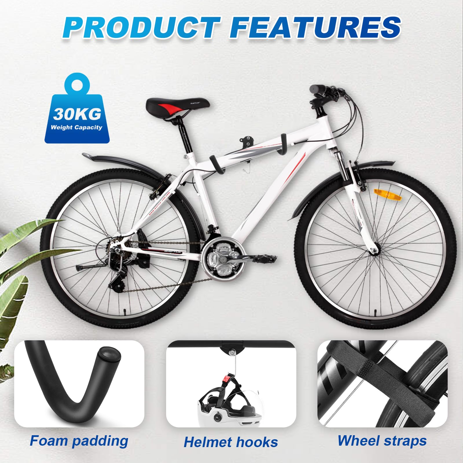 JNUYISW Bike Wall Mount, Adjustable Distance Foldable Bike Hanger with Helmet Hook - Image 2