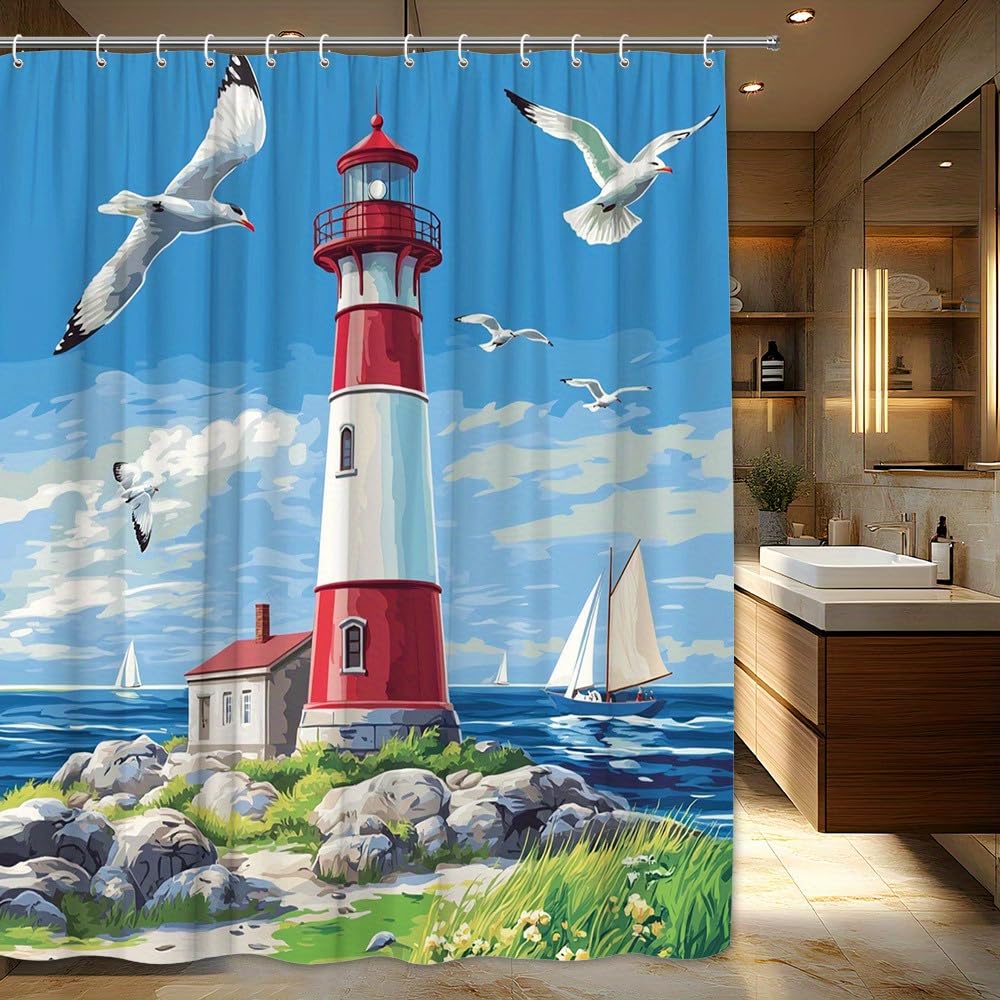 Uiyiui Multicolor-4 Coastal-Themed Shower Curtain 72X72in/182X182cm/Wxh Featuring A Nautical Lighthouse Bathroom Decor Curtains, Waterproof Polyester Fabric With Hooks