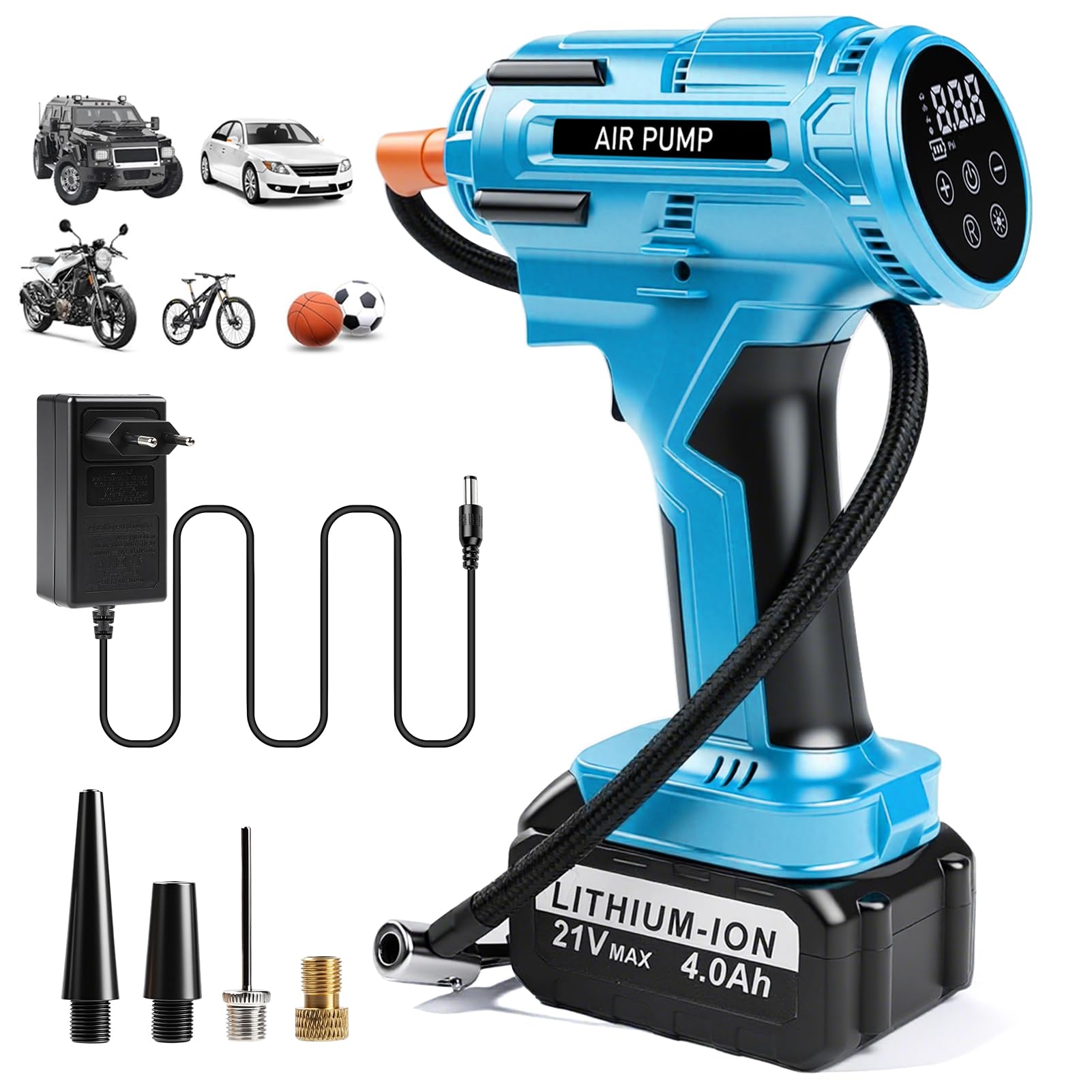 Pompa ad aria a batteria, 21 V, 150 PSI, pompa ad aria elettrica per auto, con batteria al litio e manometro, 800 W, pompa digitale per pneumatici portatile, per auto, moto, bicicletta, palloni