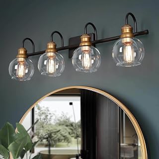 LALUZ Bathroom Light Fixtures, 4-Light Black and Gold Vanity Lights for Bathroom with Clear Globe Glass Shade, Modern Farmhouse Bathroom Vanity Lighting Over Mirror, 29.5" L x 7" W x 9" H