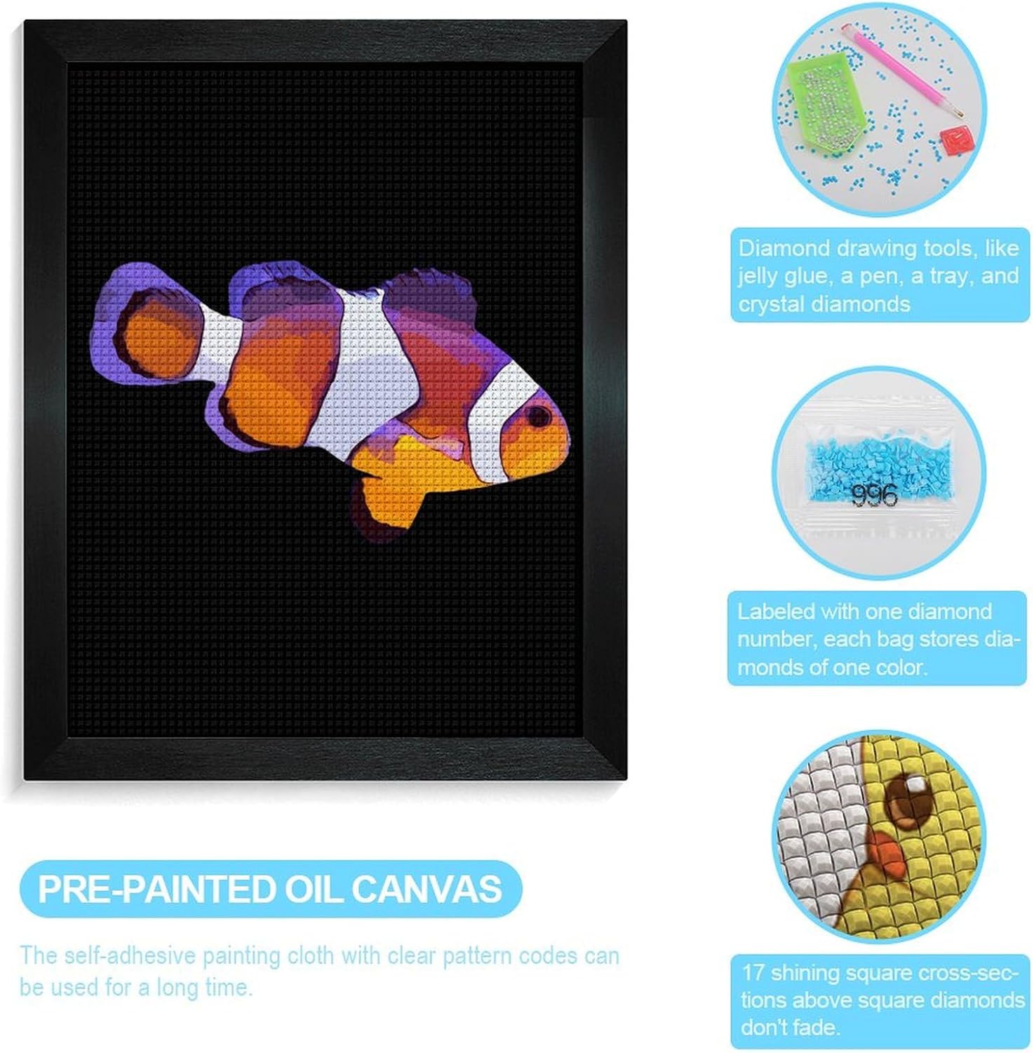 Clownfish Hand Drawn Diamond 5D Painting Kits with Frame DIY Full Round Drill Gem Art Crafts for Home Wall Decor 16 X 20in Blackwood 40 * 50cm