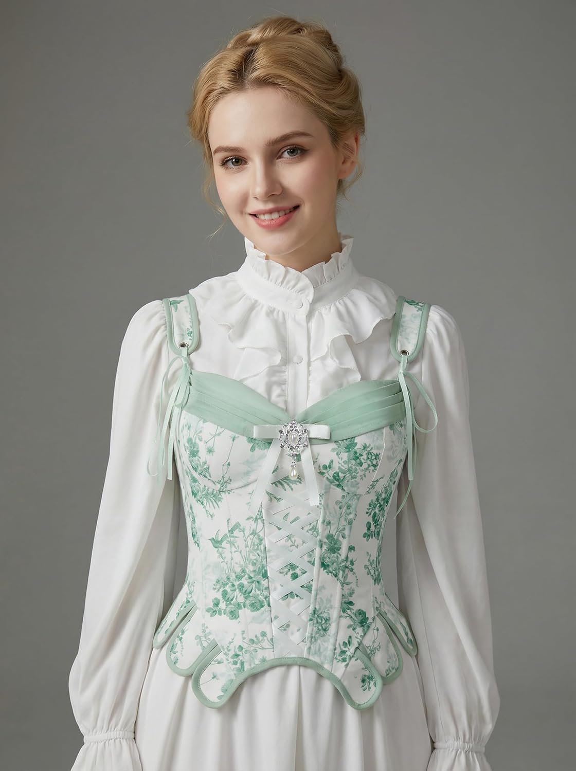 daizbella Women Renaissance Corset Tops Medieval Cute Floral Boned Bust Support Silk Cotton Fabric Bustier Bodice