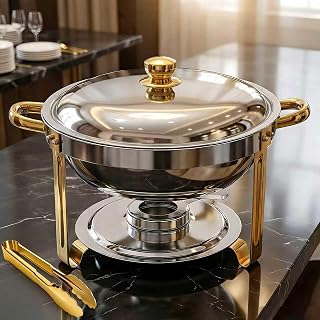 POWERFUEL Chafing Dishes for Buffet 1 Pack, 6QT Round Chafing Dish Buffet Set for Parties, Gold Stainless Steel Buffet Servers and Warmers with 1 Serving Tong, Food Warmers for Christmas Gatherings