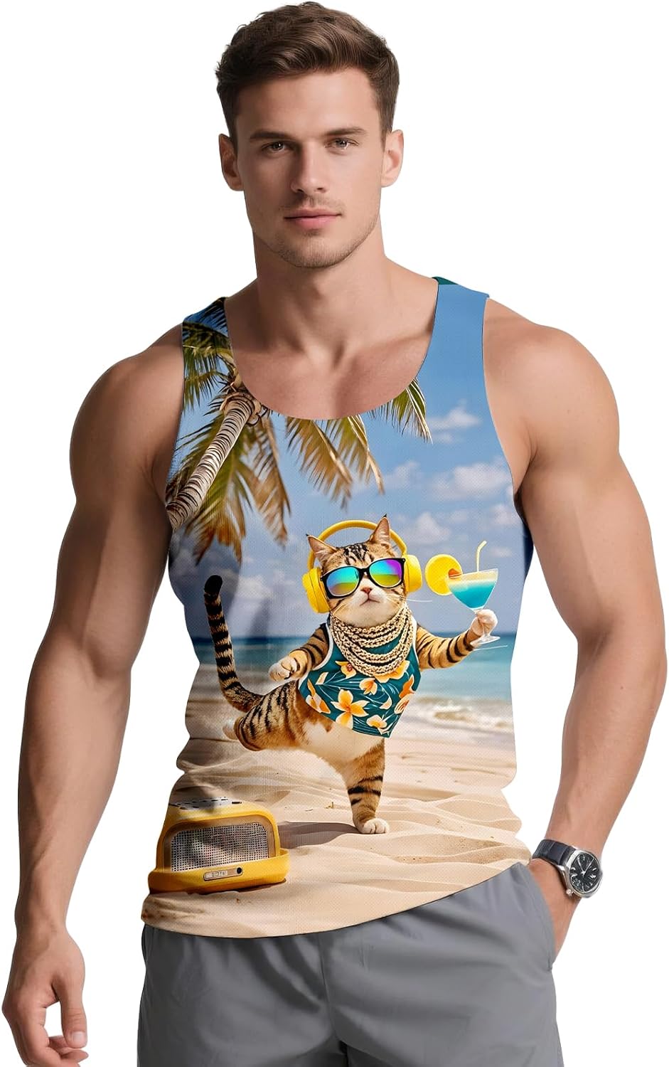 Mens Rave Tank Tops 3D Graphic Sleeveless Summer Sports Gym Quick Dry Workout T-Shirt