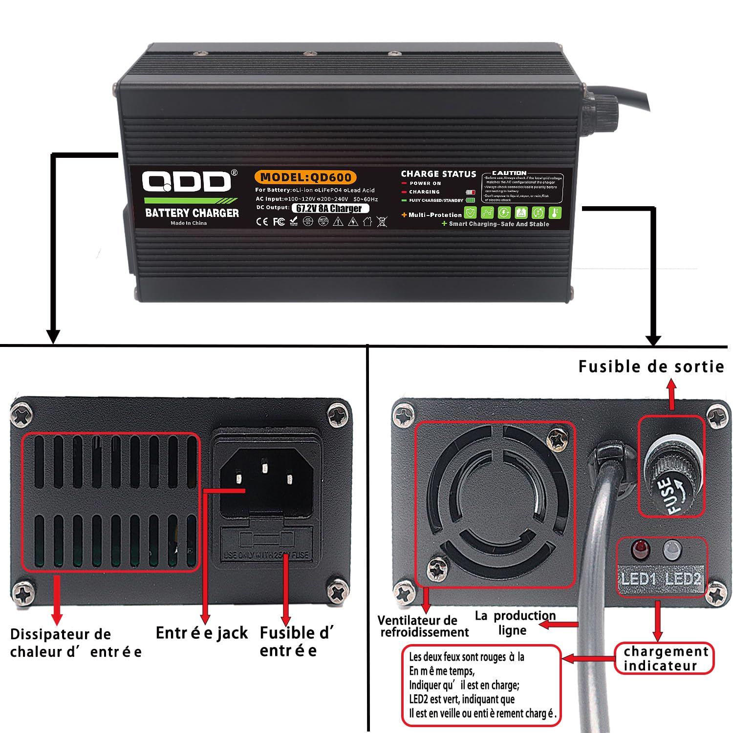QDD Chargeur Intelligent De Batterie Li-ION 67,2 V 8 A avec Boîtier en Aluminium Noir et Sortie de Ventilateur de Refroidissement GX16 1+3 Prises pour Batterie Li-ION 16 S 60 V