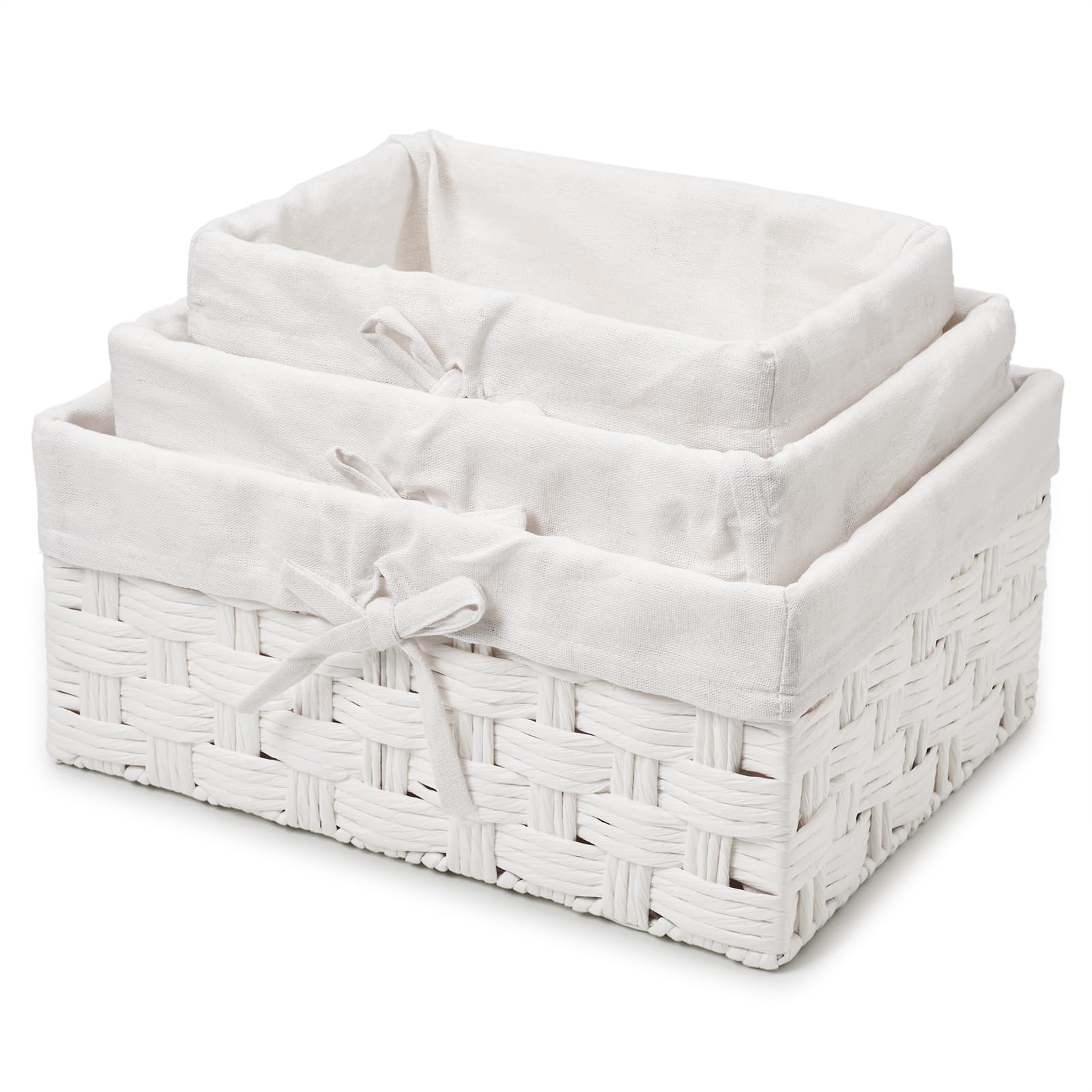 EZOWare Lot de 3 Boîtes de rangement de Papier Torsadé, Panier Tressé Décorative avec Doublure en Tissu pour la chambre de bébé, les jouets pour enfants, la maison - (3 Tailles, Blanc)