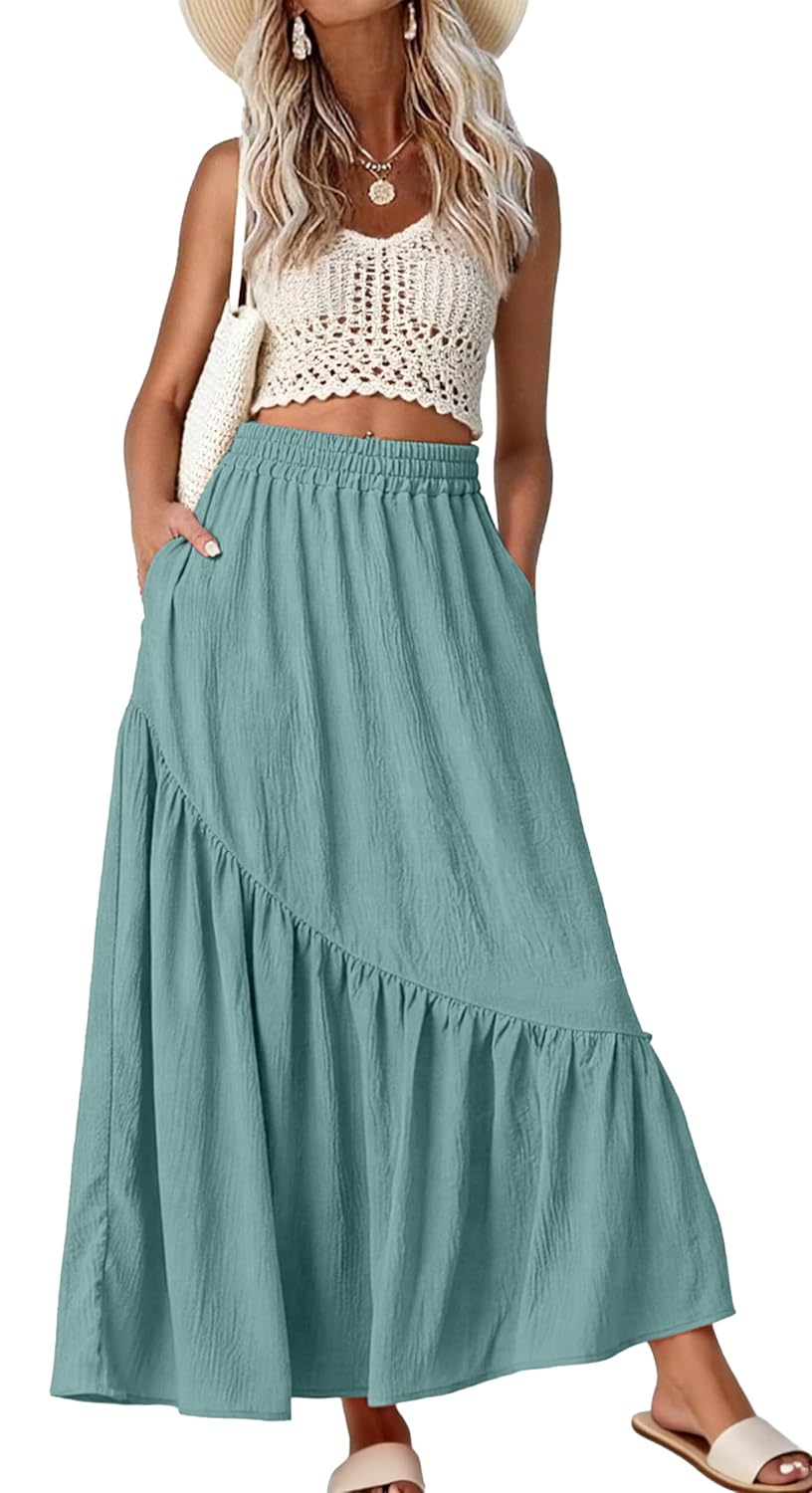 GRECERELLE Womens Boho Maxi Skirt High Waist Pleated A-Line Flowy Swing Asymmetric Tiered Long Skirts with Pockets