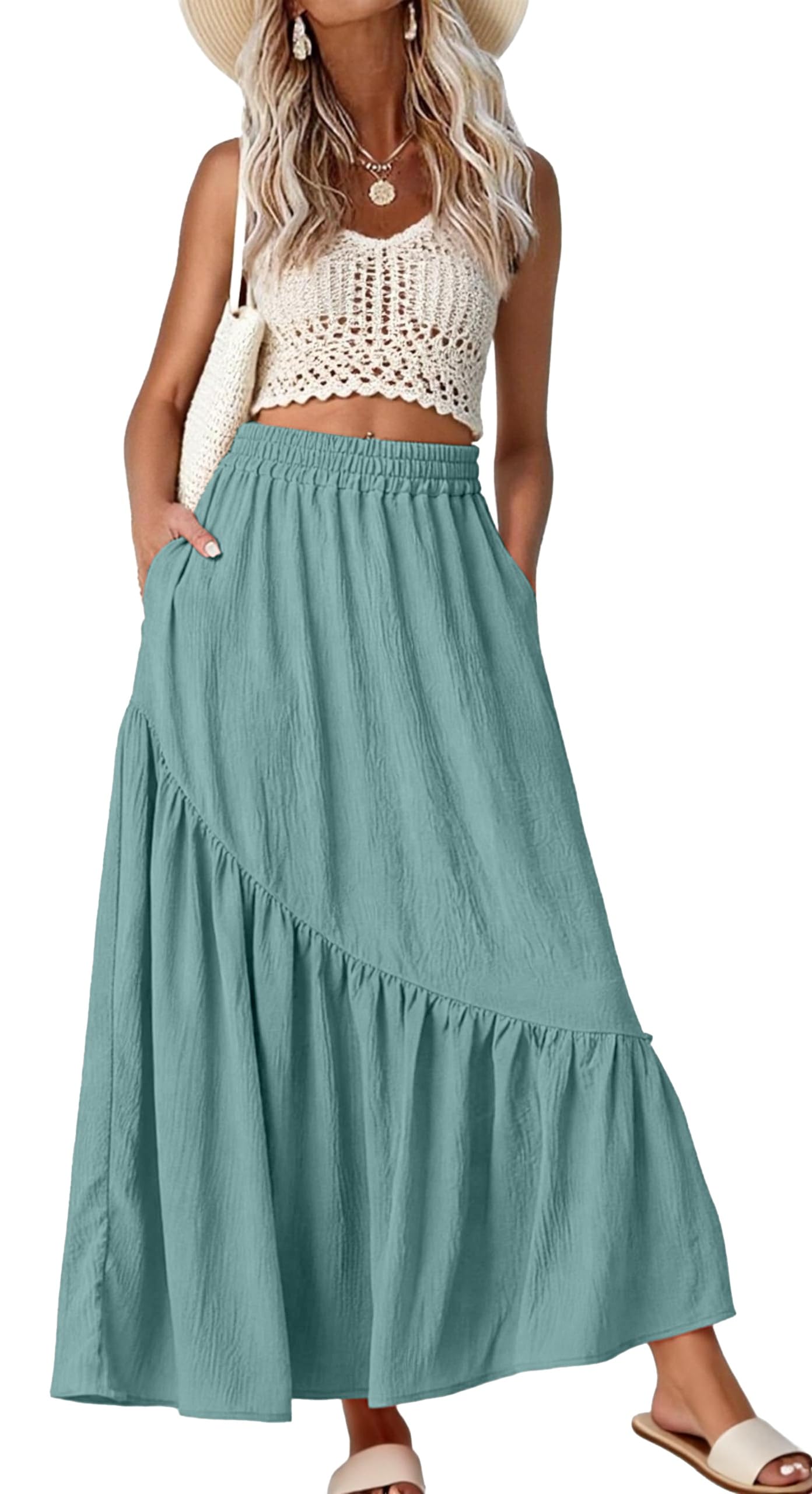 GRECERELLE Womens Boho Maxi Skirt High Waist Pleated A-Line Flowy Swing Asymmetric Tiered Long Skirts with Pockets