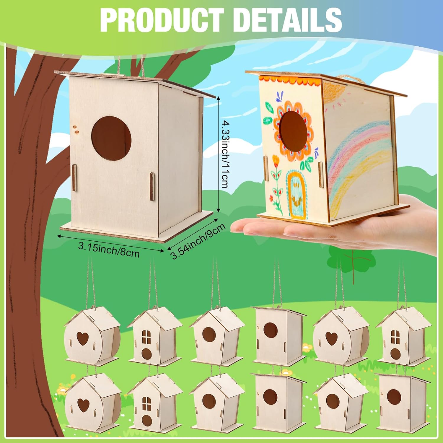 DoubleFill 48 Pcs Bulk Wooden Bird Houses Kits for Kids DIY Crafts and Arts Unfinished Wood Birdhouse to Paint Birthday Gifts for Easter Crafts Class Parties, 4 Styles