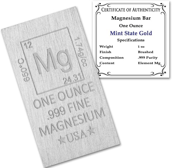 1 oz Magnesium Bar (Flat Style) .999 Pure Paperweight - Element Design with Certificate of Authenticity