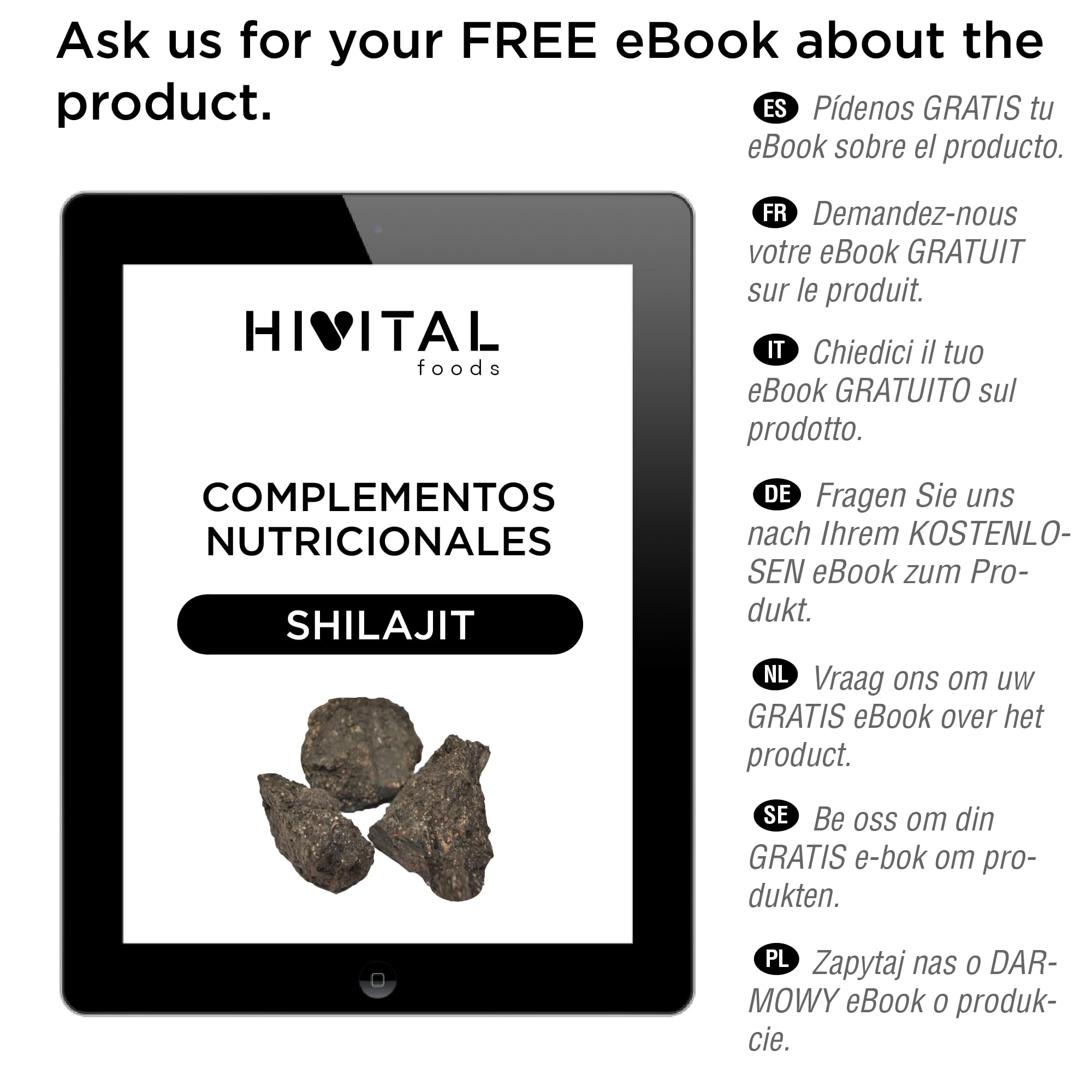 Shilajit puro 46000 mg. 120 cápsulas veganas para 2 meses de tratamiento. 60% Ácido Fúlvico y 12% Ácidos Húmicos. Rico en minerales y oligolementos. Fabricado en España por HIVITAL