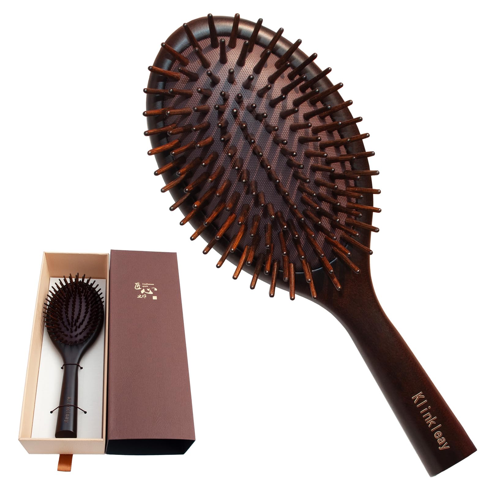 Spazzola per capelli artigianale in legno – setole in legno naturale con cuscino in gomma altamente elastica, spazzola antistatica per ridurre la rottura dei capelli e il massaggio del cuoio