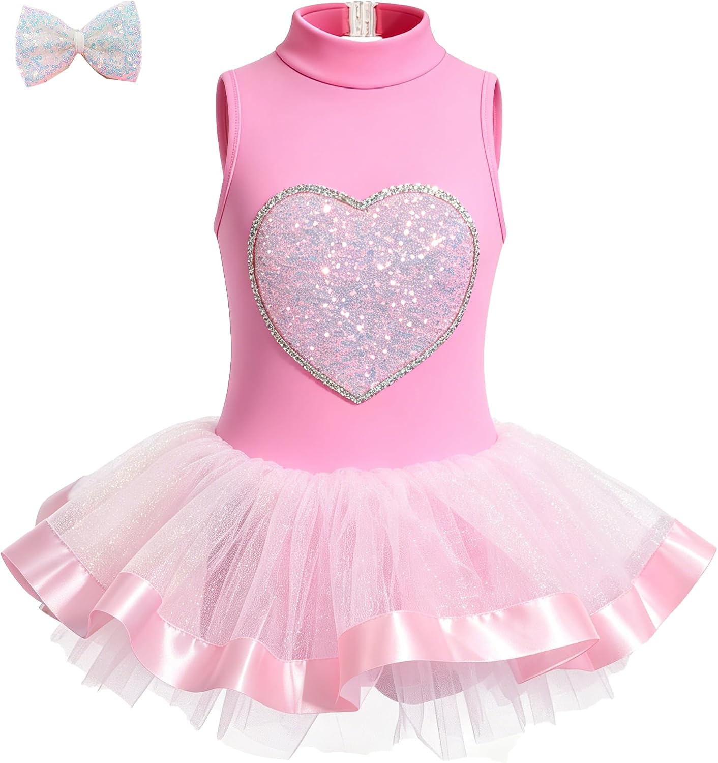 Girls Sparkly Sequin Heart Ballet Tutu Dress with Bow for Party, Holiday & Dance (2-12 Years)