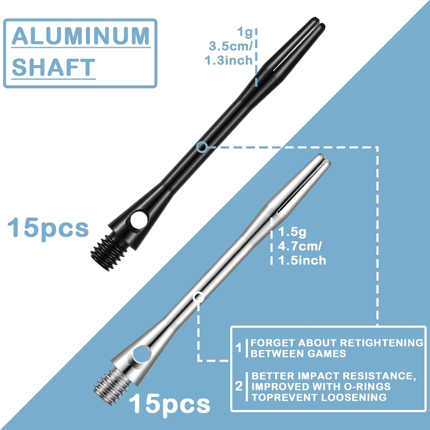 30 Pcs Dart Shafts for Steel Tip Medium 2BA Thread Aluminium Alloy Dart Stems 50 mm 53 mm with Rubber Rings Replacement Harrows Dart Accessories and Flights
