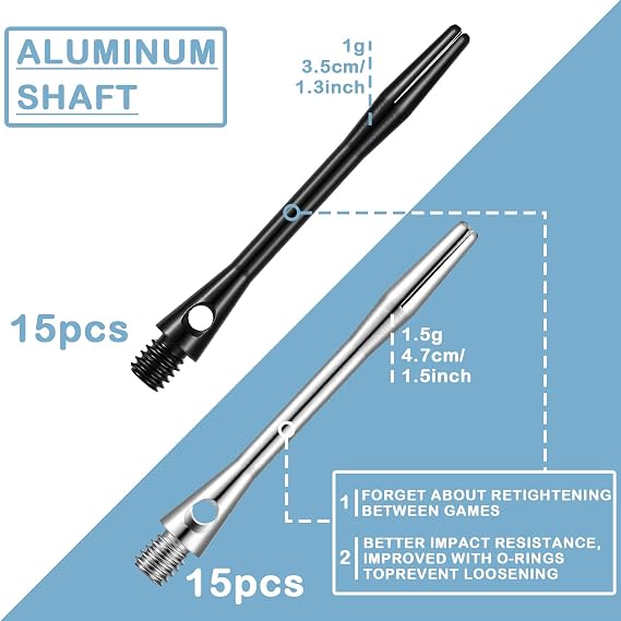 スチールチップ用ダーツシャフト30個 ミディアム 2BAスレッド アルミニウム合金ダーツステム 50mm 53mm ゴムリング付き 交換用ハローダーツアクセサリーとフライトプレーンスタイル、ブラックとシルバー