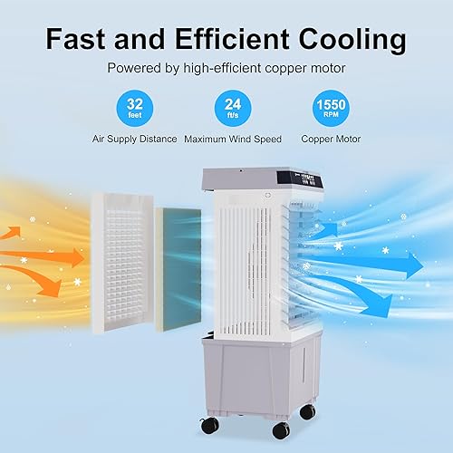 Miniatura 7 de Uthfy Enfriador de aire evaporativo, enfriador de pantano con tanque de agua de 5.3 galones, 4 cajas de hielo, control remoto, temporizador de 12