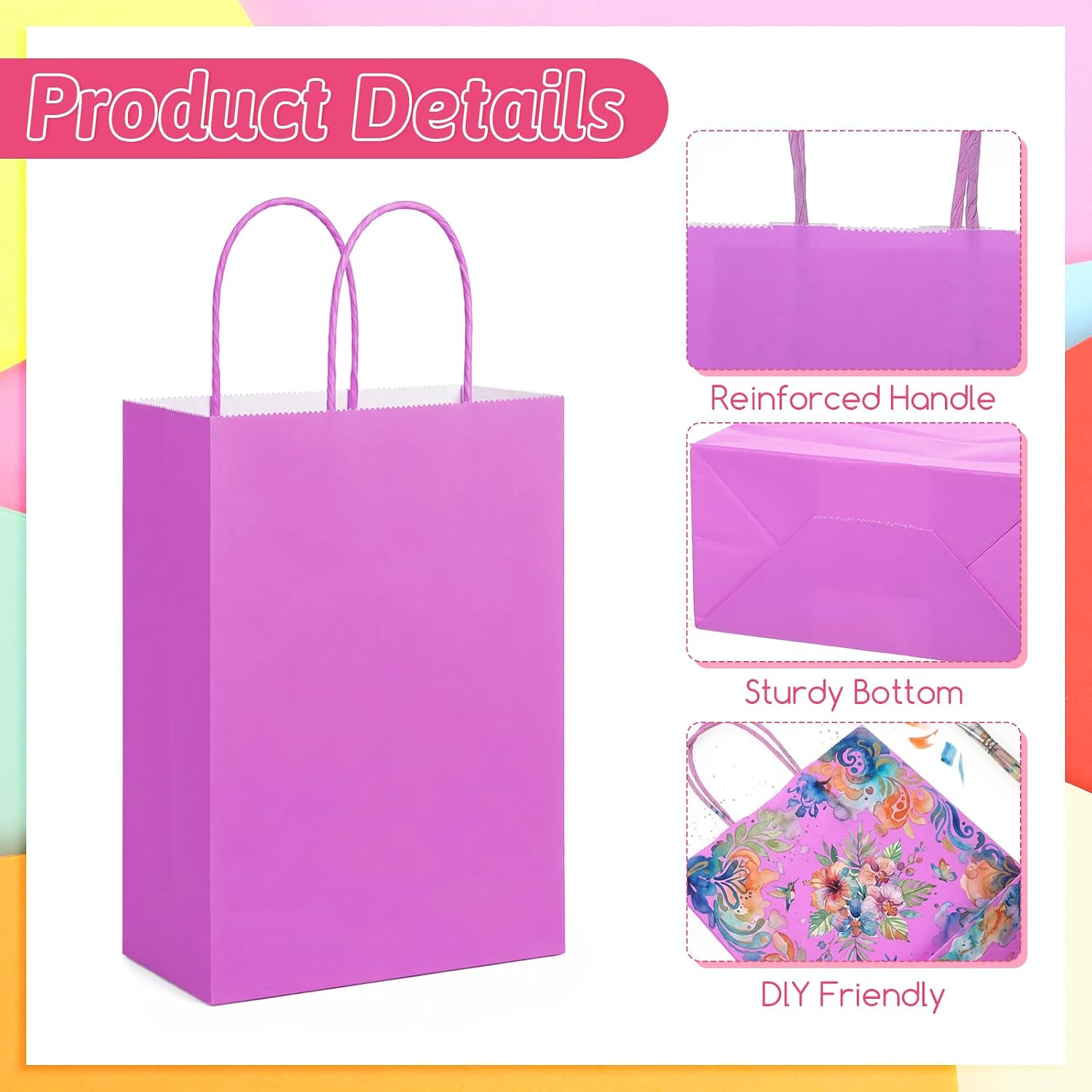 100Pcs Small Paper Gift Bags with Handles 6.3"x3.15"x8.66" Colorful Paper Party Favor Bags with Handles Paper-Gift-Bags Bulk for Birthday Baby Shower Crafts Wedding Party Supplies (10 Colors) image 3