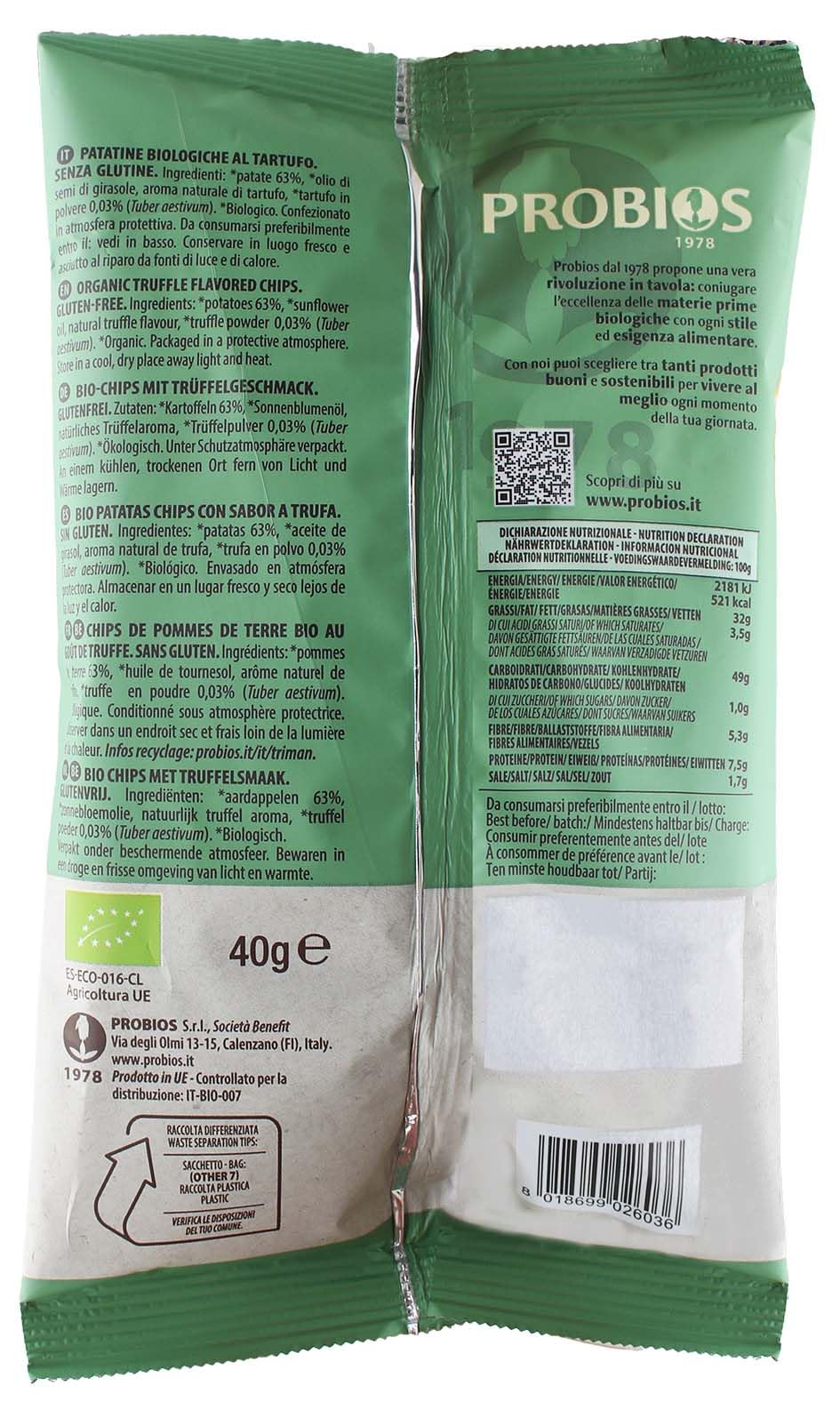 Probios Patatine al tartufo biologiche - Snack senza glutine e artigianali - Infuso di tartufo premium - Ideale per antipasti e ricevimenti - Confezione da 25 x 40 g