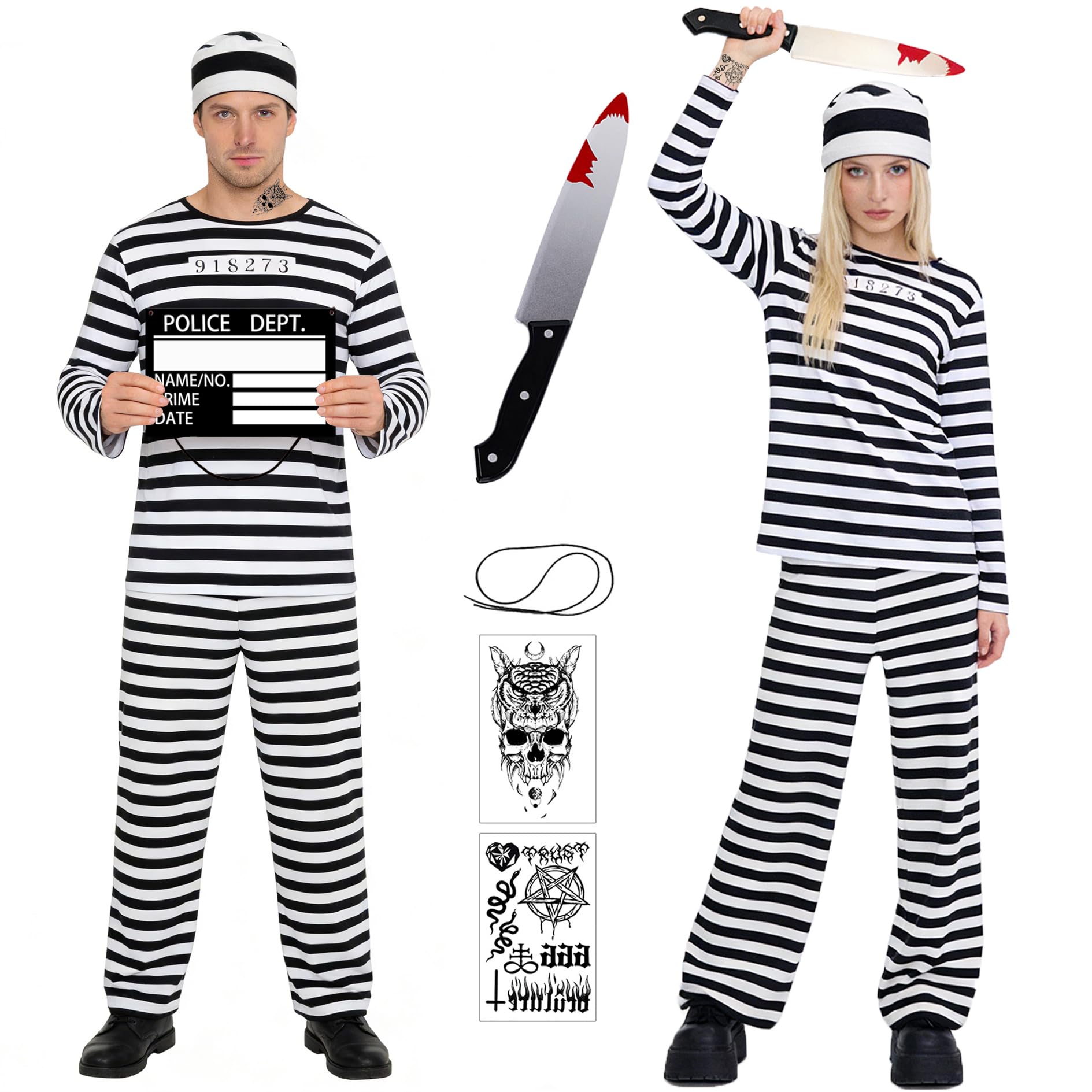 Disfraz Prisionero Hombre Mujer Disfraz Preso, Rayas Blanco y Negro Camiseta Pantalones Gorro, Tatuajes Temporales Cuchillo Ensangrentado, Carcel Traje Convicto Disfraces de Halloween Adulto S-2XL