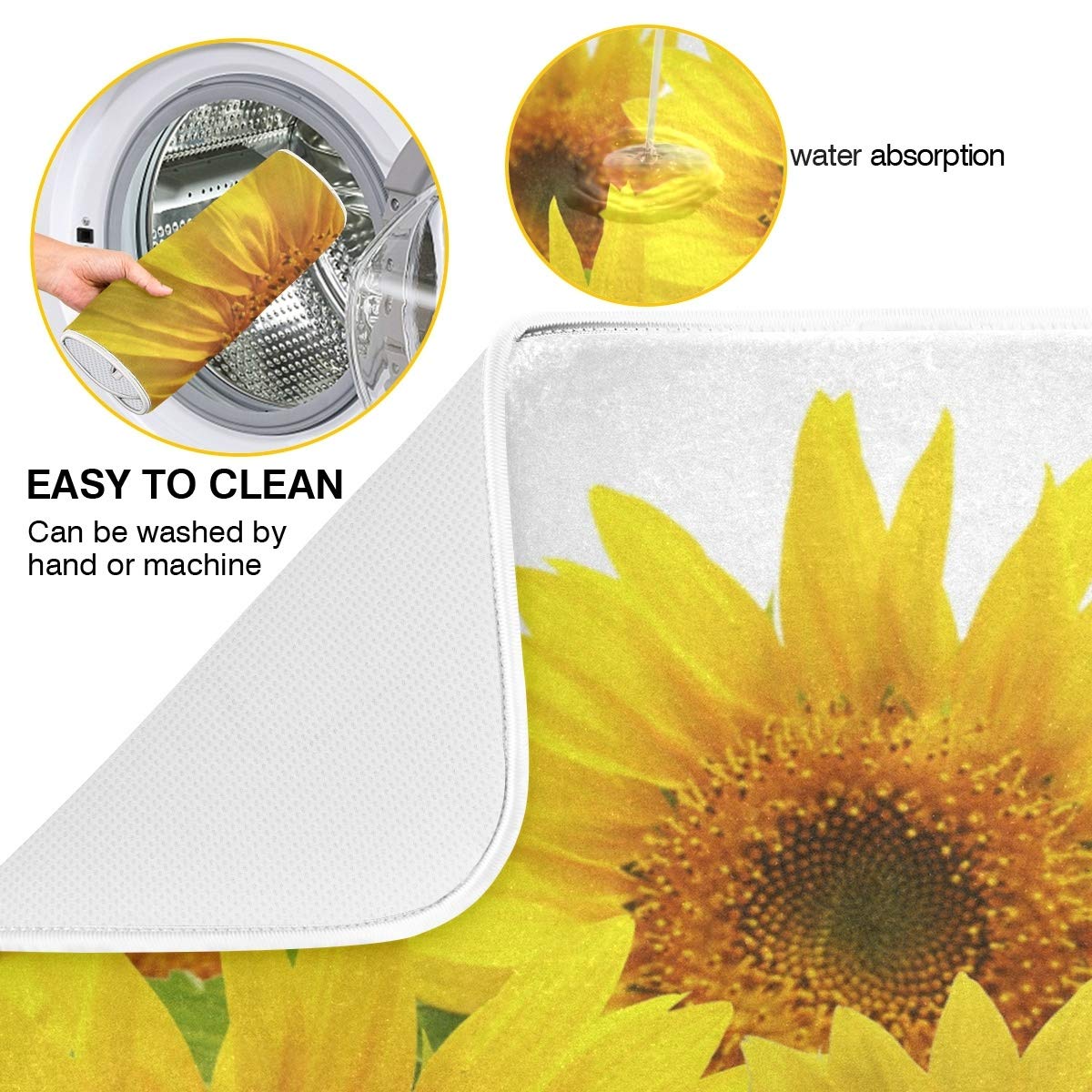 Sunflower Yellow Dish Drying Mat 16x18 for Kitchen Spring Flowers Flora White Dishes Pad Dish Drainer Rack Mats Absorbent Fast Dry Kitchen Accessories