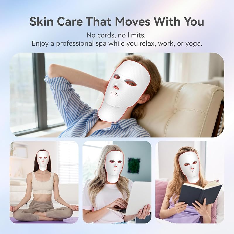 LED Face Mask Light Therapy - Gen 2 Ultra-Lightweight Face & Neck Red Light Therapy Device - Detachable Neck Piece & 7 Color Photon Skin Care Shield - Wireless & Portable Home Spa - White image 5