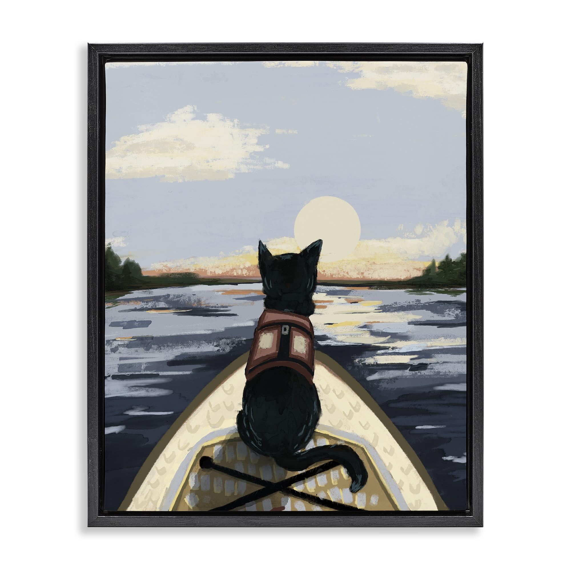 'Peaceful Cat Viewing Lake'| Floating Frame Canvas Art